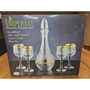 Imperial Crystal Collection 5 Piece Wine Set Mouthblown 24K Gold Trimmed